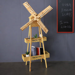 Wooden Windmill Flower Rack, Simple European Vintage Style, Multi-Layer Garden Floor Stand