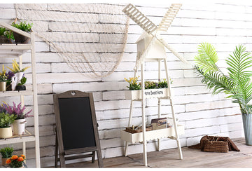 Wooden Windmill Flower Rack, Simple European Vintage Style, Multi-Layer Garden Floor Stand