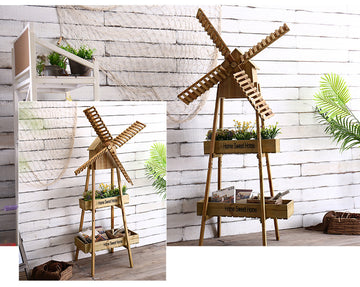 Wooden Windmill Flower Rack, Simple European Vintage Style, Multi-Layer Garden Floor Stand