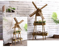 Wooden Windmill Flower Rack, Simple European Vintage Style, Multi-Layer Garden Floor Stand