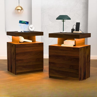 Wooden Storage Bedside Table with Smart LED