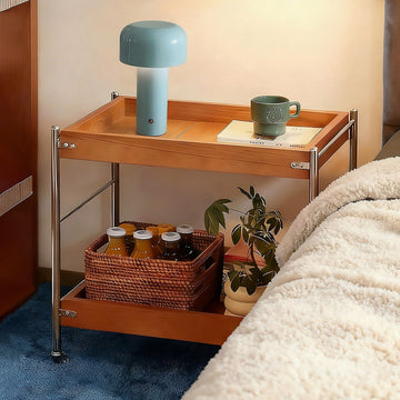 Mobile small cart sofa side table coffee table retro style solid wood storage multi-layer shelving