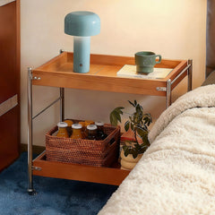 Mobile small cart sofa side table coffee table retro style solid wood storage multi-layer shelving