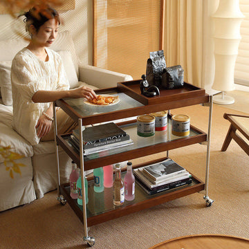 Mobile small cart sofa side table coffee table retro style solid wood storage multi-layer shelving