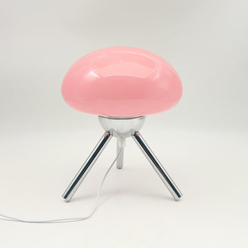 Mushroom-shaped glass table lamp with metal tripod base, bedroom bedside ambient light