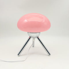 Mushroom-shaped glass table lamp with metal tripod base, bedroom bedside ambient light