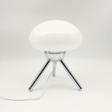 Mushroom-shaped glass table lamp with metal tripod base, bedroom bedside ambient light
