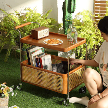 Mobile small cart sofa side table coffee table retro style solid wood storage multi-layer shelving