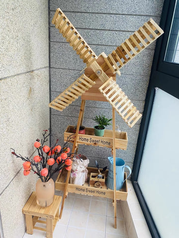 Wooden Windmill Flower Rack, Simple European Vintage Style, Multi-Layer Garden Floor Stand