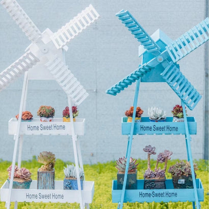 Wooden Windmill Flower Rack, Simple European Vintage Style, Multi-Layer Garden Floor Stand