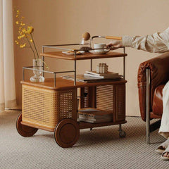 Mobile small cart sofa side table coffee table retro style solid wood storage multi-layer shelving