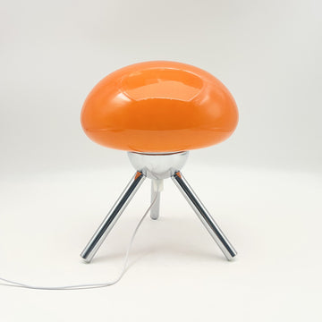 Mushroom-shaped glass table lamp with metal tripod base, bedroom bedside ambient light