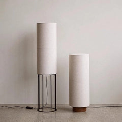 Japanese-style vintage fabric floor lamp beside the living room sofa, mid-century wabi-sabi style bedside atmosphere lamp for guesthouse or bedroom