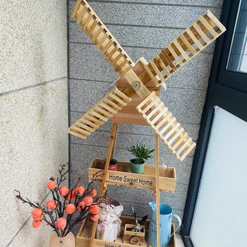 Wooden Windmill Flower Rack, Simple European Vintage Style, Multi-Layer Garden Floor Stand