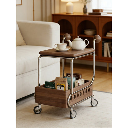 Mobile small cart sofa side table coffee table retro style solid wood storage multi-layer shelving