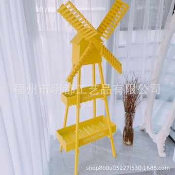 Wooden Windmill Flower Rack, Simple European Vintage Style, Multi-Layer Garden Floor Stand