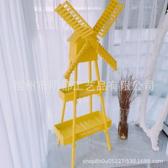 Wooden Windmill Flower Rack, Simple European Vintage Style, Multi-Layer Garden Floor Stand