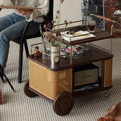 Mobile small cart sofa side table coffee table retro style solid wood storage multi-layer shelving