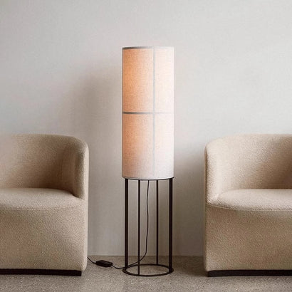 Japanese-style vintage fabric floor lamp beside the living room sofa, mid-century wabi-sabi style bedside atmosphere lamp for guesthouse or bedroom