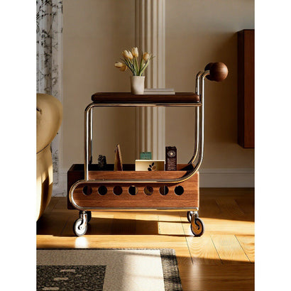 Mobile small cart sofa side table coffee table retro style solid wood storage multi-layer shelving