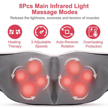 Electric Neck And Back Massager with Infrared Light Heating 3 Intensity Levels Deep Kneading 3D Shiatsu Massage Pillow For Back Arms Thighs Pain Relief Home Car Office