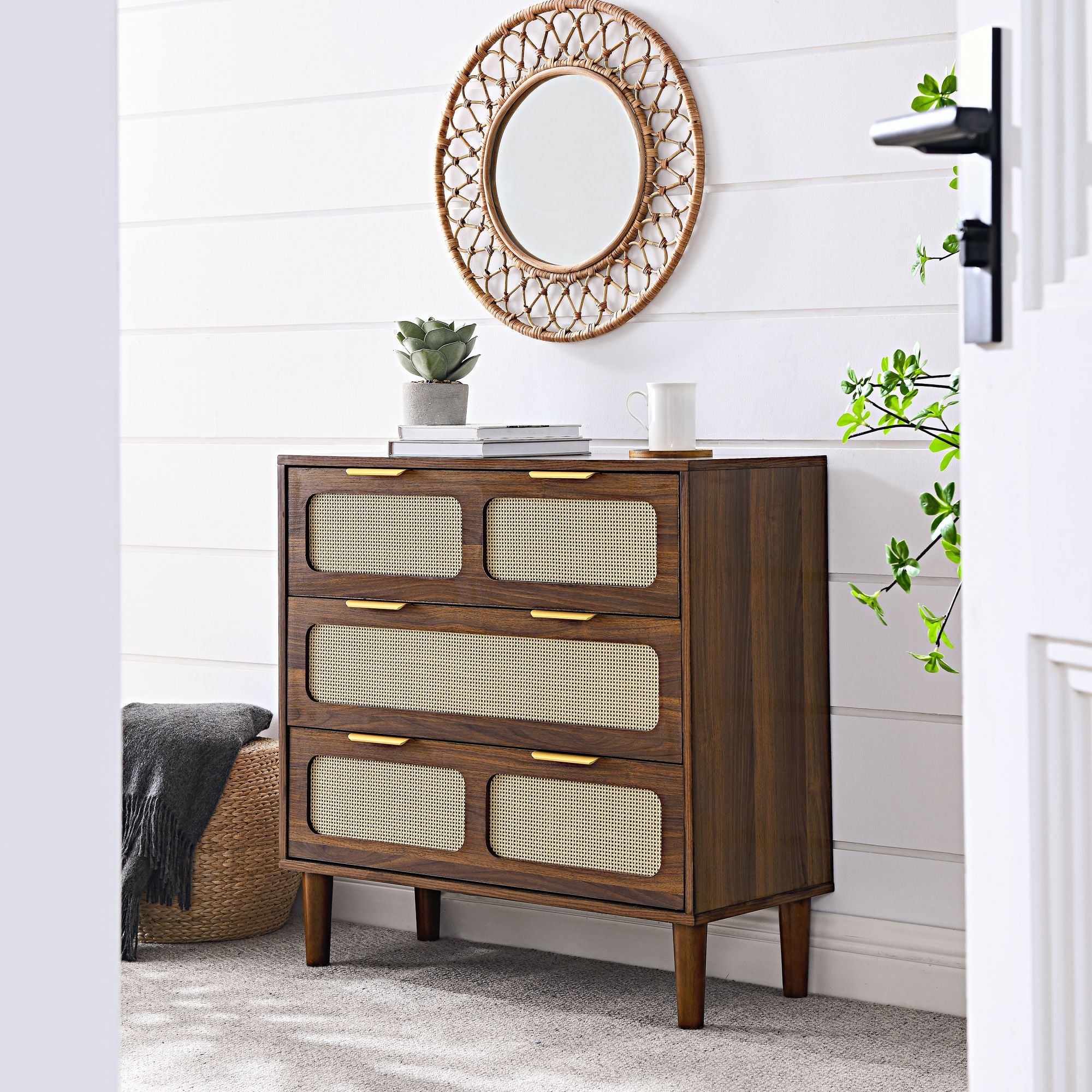 modern rattan dresser 3 drawer dresser, modern rattan dresser cabinet with wide drawers and – SILICONDYNAMIC