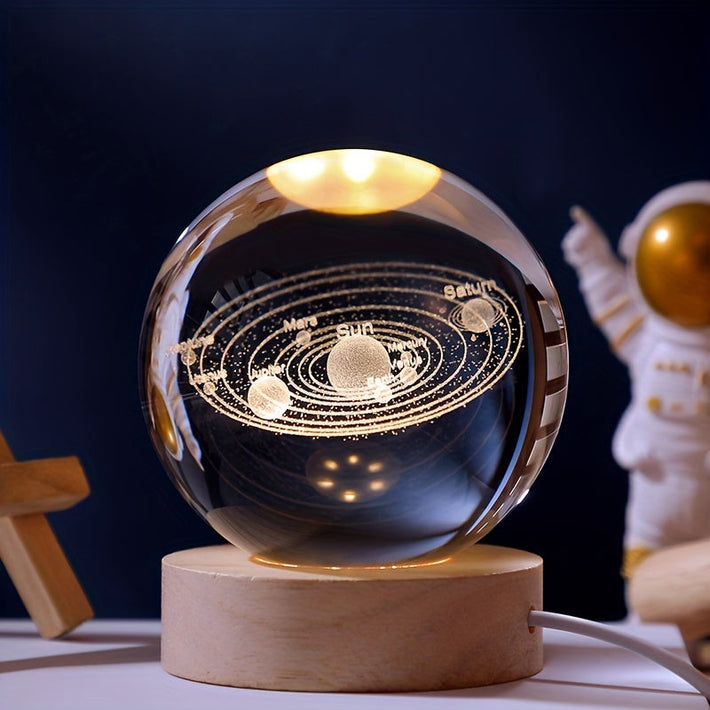 3D Solar System Nightlight With Wood Base